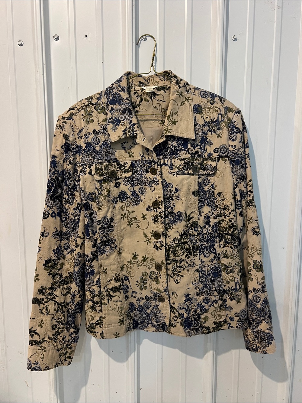 Christopher & Banks Beige Floral Button-Front Jacket with Blue and Green Print